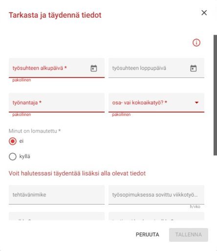 Työsuhdetietojen täydennys-näkymä.